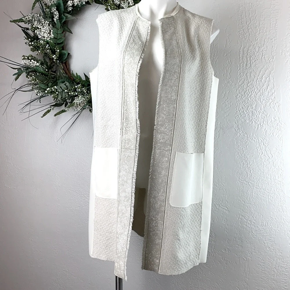Elie Tahari Verina White Mixed Texture Vest XL Leather Woven Scuba - Picture 2 of 9